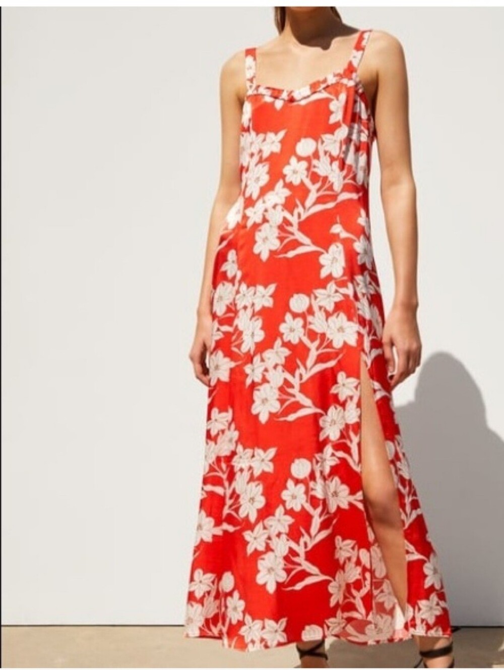 ZARA Women's Red White Floral Satin Midi Dress Leg Slit Sleeveless Size Small